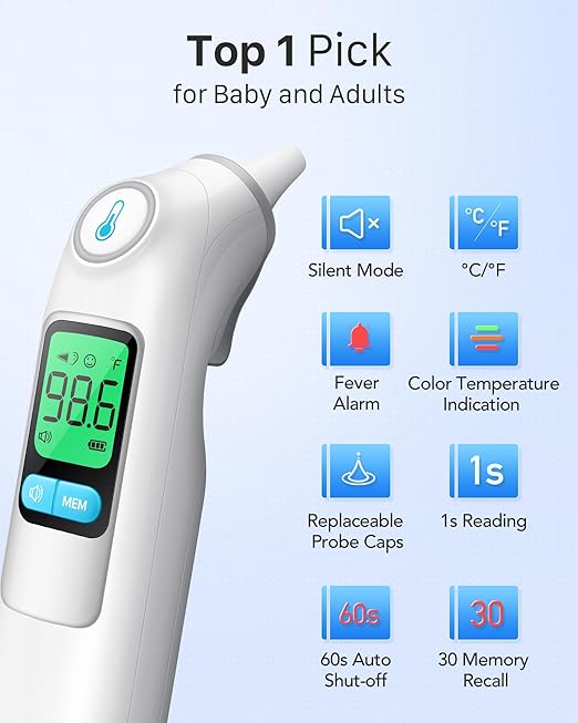 Ear Thermometer, Highly Accurate Ear Thermometer for Kids, Adults and Babies, 30 Memory Recall, 1s Result and 3-Color Fever Alert, with 24 Disposable Probe Covers, White