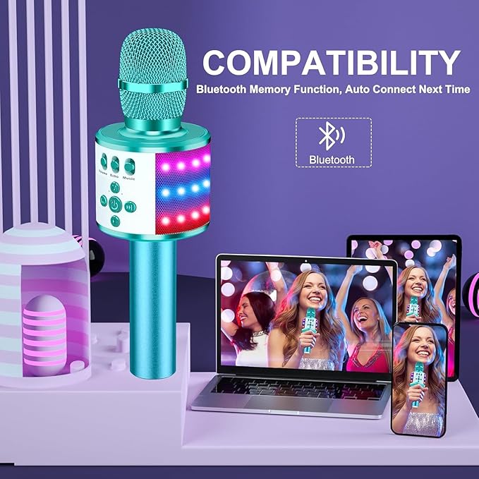 BONAOK Karaoke Microphone for Kids & Adults - Bluetooth Microphones Singing Mic with Disco Lights, Echo Effect, Built-in Speaker Portable Karaoke Player for Party Travel Gifts Q78(Ice Blue)