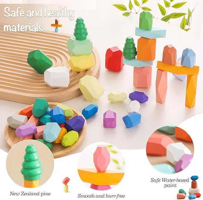 OESSUF Stacking Rocks 40Pcs Stacking Rocks Balancing Stacking Stones Wooden Stacking Toys Wooden Stone Stacking Game for Toddler Wood Sorting Montessori Stacking Rocks for Kids
