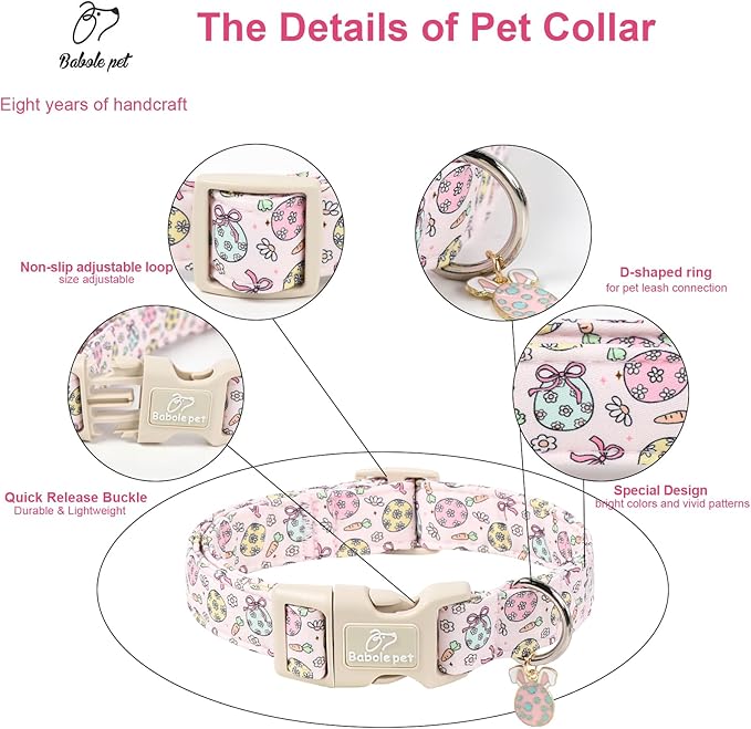 Easter Dog Collar for Small Dogs - Easter Egg Pastel Dog Collars, Cute Girl Dogs Collar, Lightweight Adjustable Pink Spring Holiaday Dog Collars with Quick Release Buckle S