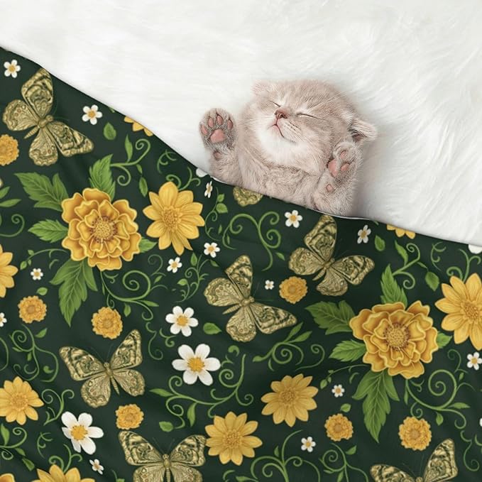 Reversible Pet Blanket for Sofa Protection Pet Comfort, Gold Flowers with Butterfly, Double Sided Design with Cozy Nubby Nap Side and Durable Smooth Play Side