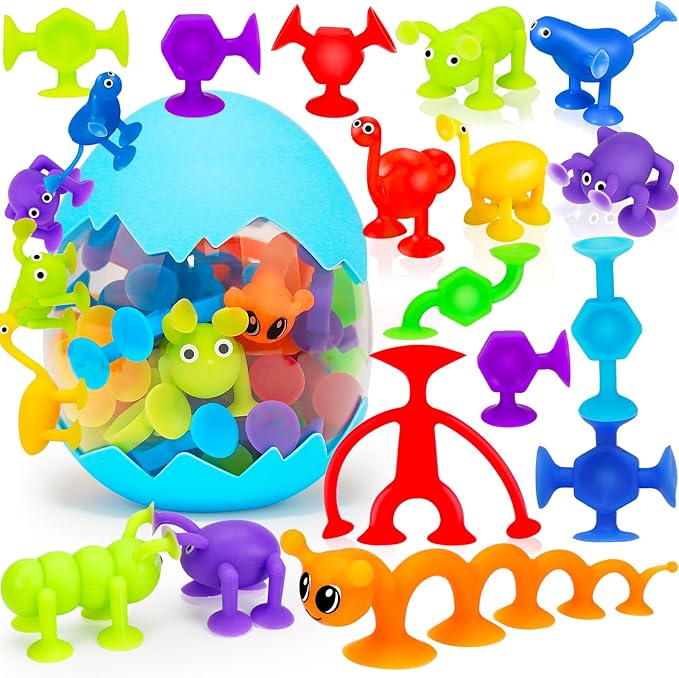 32 PCS Toddler Suction Cup Toys Kids Bath Toy 1-3 3-5 Party Favor Goody Prize Filler Stuffer Gifts for 2+ 3 4 5 6 Year Old Boy Girl Travel Sensory Fidget Window Water Table Toy with Eggshell Storage