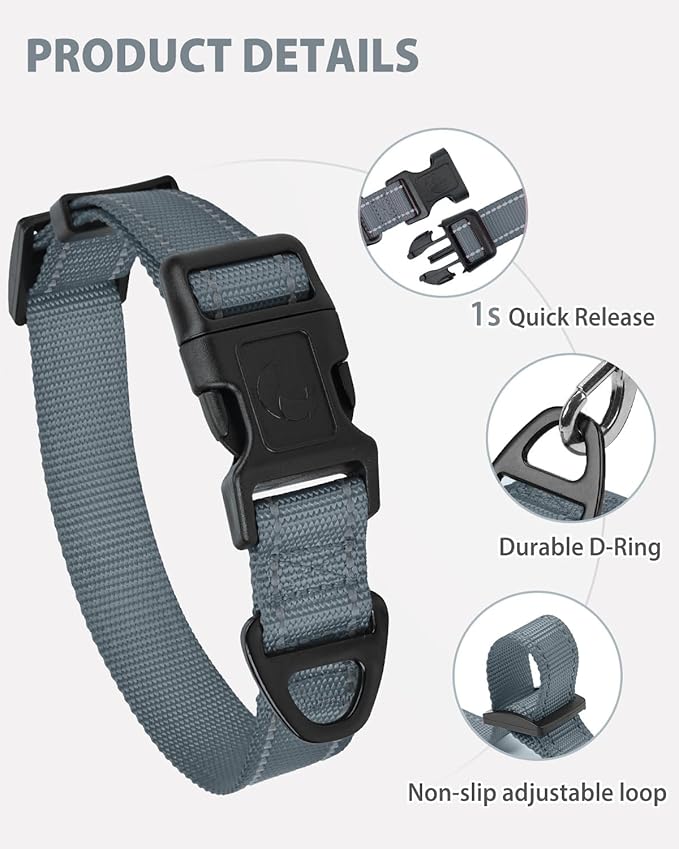 Joytale Small Dog Collar, Reflective and Adjustable Nylon Collar with Quick-Release Buckle, Lightweight No-Choke Design for Small Dogs, Gray, 3/4" Width