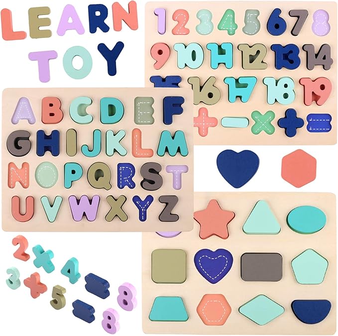 Wooden Puzzles for Toddlers, Voamuw Wooden Alphabet Number Shape Puzzle Toddler Education Learning Toys for Kids Ages 3 4 5 Years Old (Set of 3)