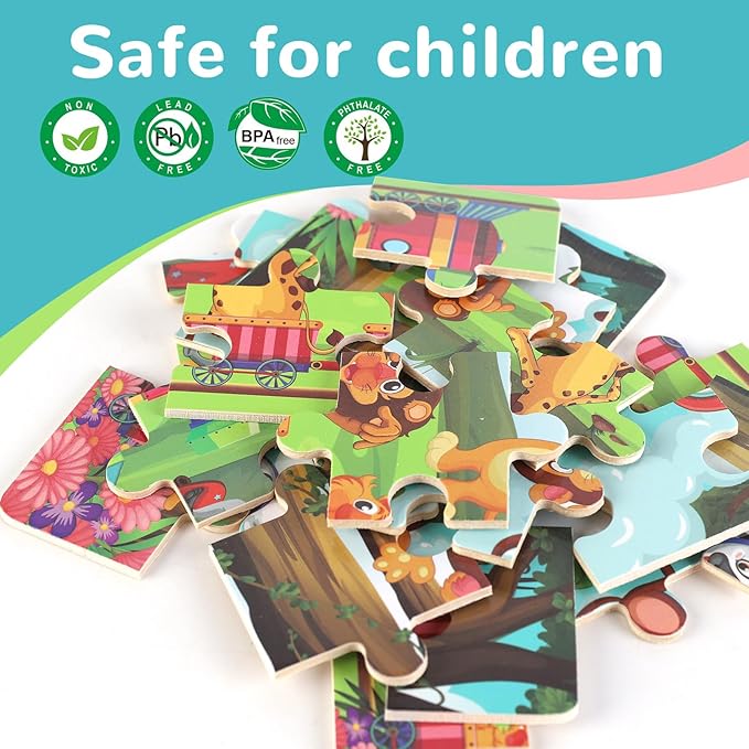Wooden Educational Jigsaw Puzzles for Preschool Kids Ages 3-5, 4-Pack with 20 Pieces Dinosaur, Space, Transportation Wood Puzzles Set, Toddler Brain Teaser Toys, Gifts for Boys Girls Ages 3 4 5 6