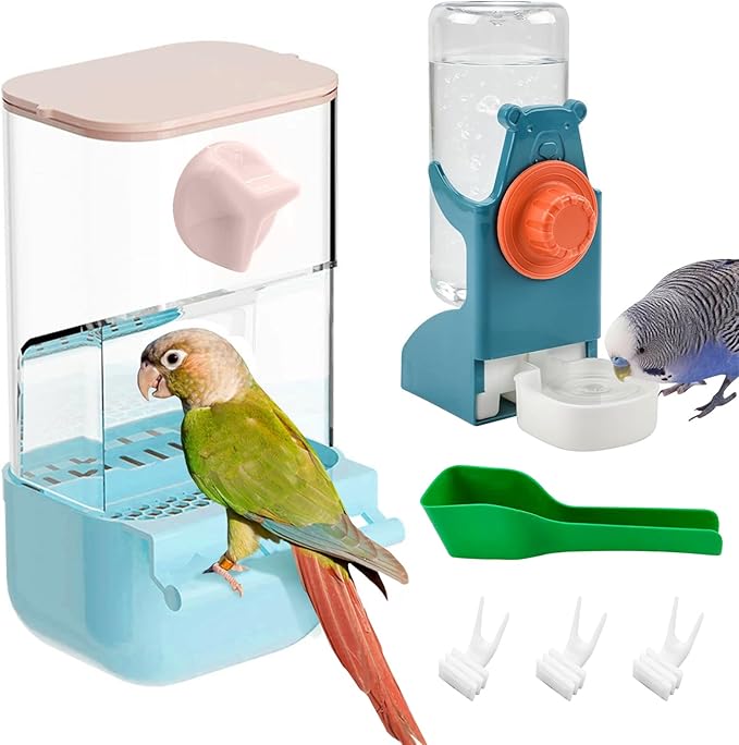 BNOSDM Automatic Bird Feeder Water Dispenser Set No Mess Bird Cage Feeders Parrot Cage Accessories Transparent Seed Food Container with Perch for Finches Parakeets Budgies Lovebirds Canaries (Blue)