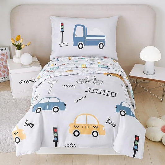PERFEMET 4 Pcs Toddler Bedding Set - Soft Reversible Cars, Bus, Trucks Print Toddler Bed Set for Boys & Girls - Matching Sheet Set (Light Grey, Taxis/Bus/Trucks)