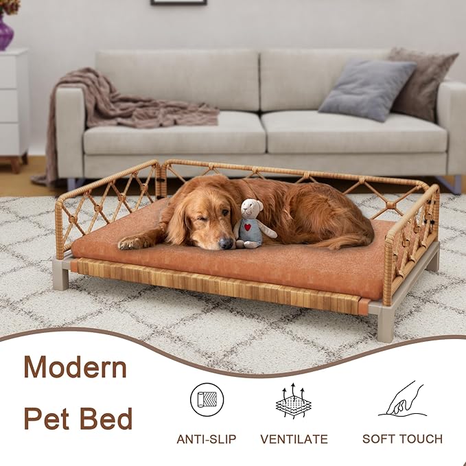 Dog Bed, Outdoor Waterproof Elevated Dog Couch with Washable Removable Cushion, Boho Rattan Wicker Orthopedic Indoor Raised Pet Sofa for Large Dogs (40" x 25", Brown)