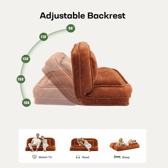 Double Human Dog Bed for Adult and Kids, Comfy Foldable Lazy Floor Loveseat Sofa Bed with 5 Adjustable Position, Upholstered Floor Bean Bag Lounger Chair for Bedroom, Living Room,Office (Orange.)