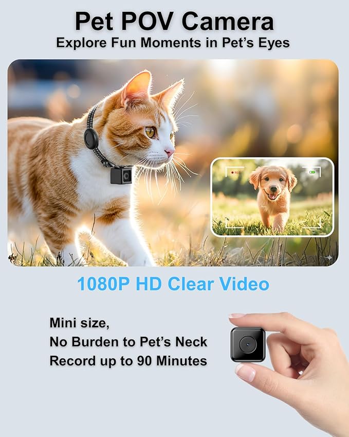 Cat Camera Collar with Tracker Tag, 1080P HD Video Recording, NO WiFi NO APP Pet POV Cam, Body Action Camera for Cat/Dog Tracking — Lightweight, Night Vision, Easy Playback