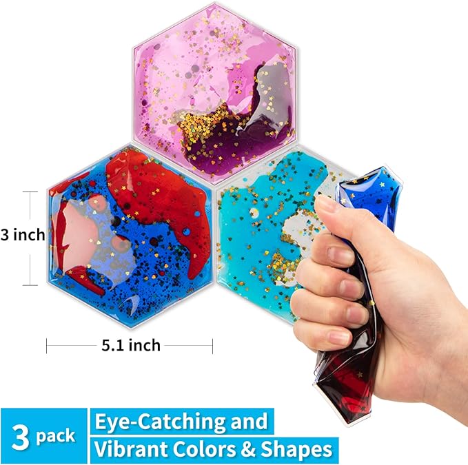 Art3d Hexagon Sensory Fidget Liquid Motion Tiles for Kids, Toddler, Teens - Interactive Soft Gel Liquid Play Mats for Home, Schools, Playrooms, Multi-Pack of 3 Tiles