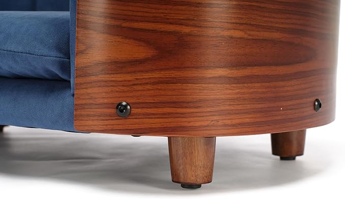 Scandinavian Style Elevated Dog Bed, Pet Sofa with Solid Wood Frame & Walnut Bent Wood Back, Orthopedic Support, Removable Washable Velvet Cover, Small Size, Dark Blue