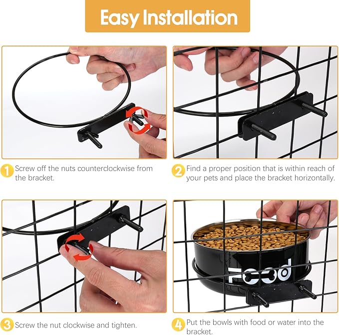 2 Pcs Large Pet Dog Food and Water Bowl Set for Cage, Stainless Steel Non-Spill Kennel Hanging Cats Pets Bowls Crate Feeder Dish with Clamp Holder for Medium Large Dogs Pets (6.3x2.3'' & 7.1x2.5'')