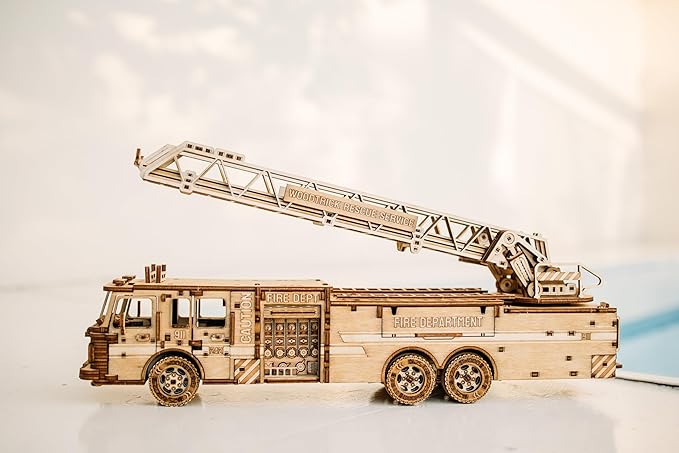 Wood Trick Rescue Firetruck Movable - Rotating Extendable Ladder - 3D Wooden Puzzles for Adults and Kids to Build - Rides up to 20 ft - Wooden Models Engineering DIY Project Mechanical Model Kit