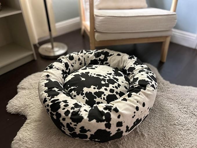 Organic Cotton Canvas Dog Bed: Removable Cover, Natural Fill - Made in USA (Cow Print Black White, X Large 42" x 8" inches)