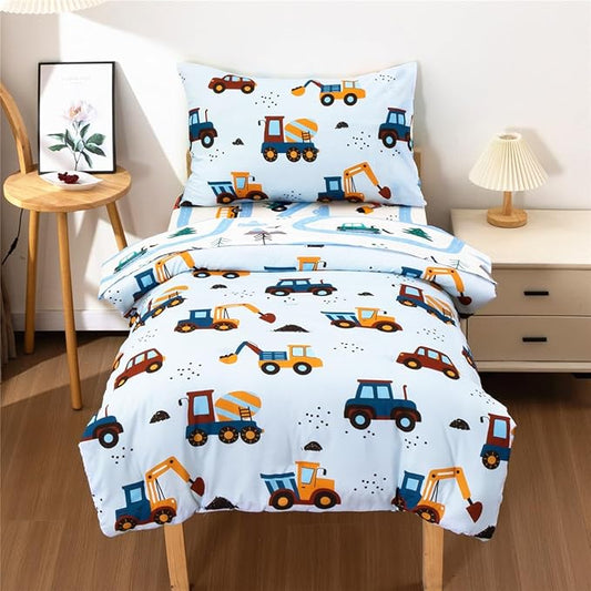 NTBED 4 Pieces Construction Truck Toddler Bedding Set for Baby Boys, Cartoon Vehicles Excavator Cars Printed, Includes Comforter, Flat Sheet, Fitted Sheet and Pillowcase,Light Blue
