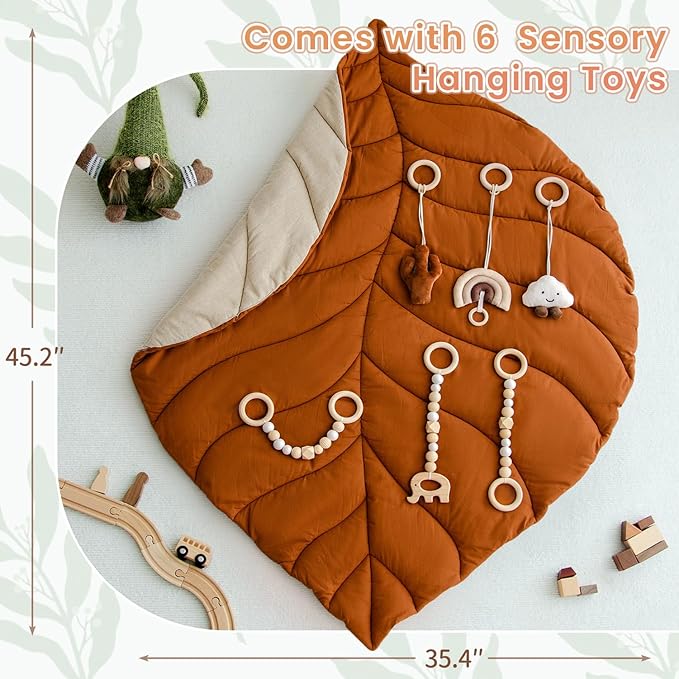 Razee Wooden Baby Play Gym Activity Mat, Leaf Shaped Play Mat Baby Gym with 6 Hanging Sensory Toys Foldable Baby Gym Newborn Infant Baby Use