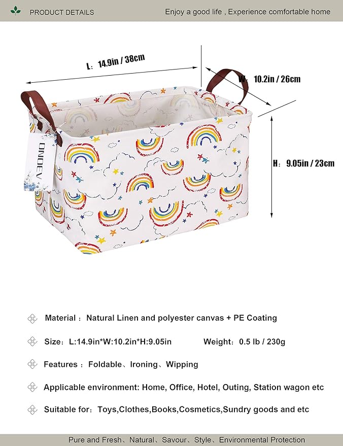 Rectangular Folding Laundry Basket, waterproof Canvas Basket,gift basket,Suitable for children's room,Office,Clothes,Toys Storage (rainbow)