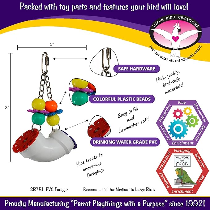 Super Bird Creations SB751 PVC Forager Bird Toy, Medium/Large Bird Size, 3” x 5” x 8”