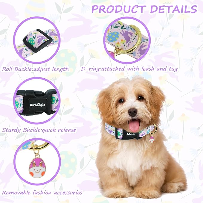 Easter Dog Collar, Spring Easter Egg Print Dog Collar with Purple Rabbit, Adjustable Cotton Puppy Collars Girl Boy Collar for Small Medium Large Dogs -XS