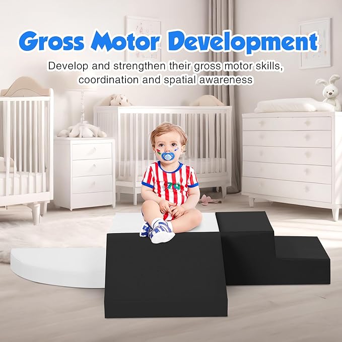 4-Piece Soft PU Leather Toddlers Climbing Toys, Baby Foam Climbing Blocks for Toddlers 3, Indoor Climb and Crawl Activity Play Set, Foam Play Gym Climbing Structures (Black and White)