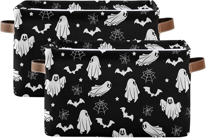 Collapsible Storage Basket Bin Happy Halloween Organizer Cube with Handle, Canvas, Black