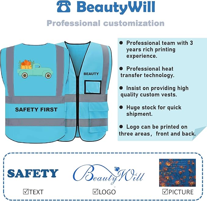 BeautyWill Safety Vest 10 Pack Customize Logo Class 2 High Visibility Reflective Vest with 5 Pockets Construction Security Work Vest ANSI/ISEA Standards