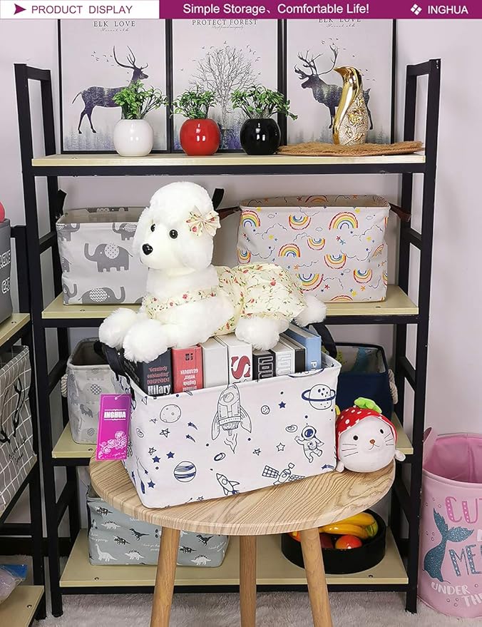 Rectangular Storage Basket Fabric Organizer Bin for Toys,Books,Clothes,Gifts,Pets-Perfect for Home,Office,Nursery,Dorm,Shelf(Rec Spaceships)