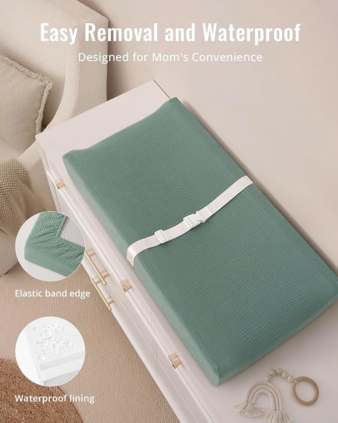 Blissful Diary Muslin Baby Changing Pad with Waterproof Lining Foam, Diaper Changing Table Pad with Cover for Dressers (Roman Green, Rectangular)