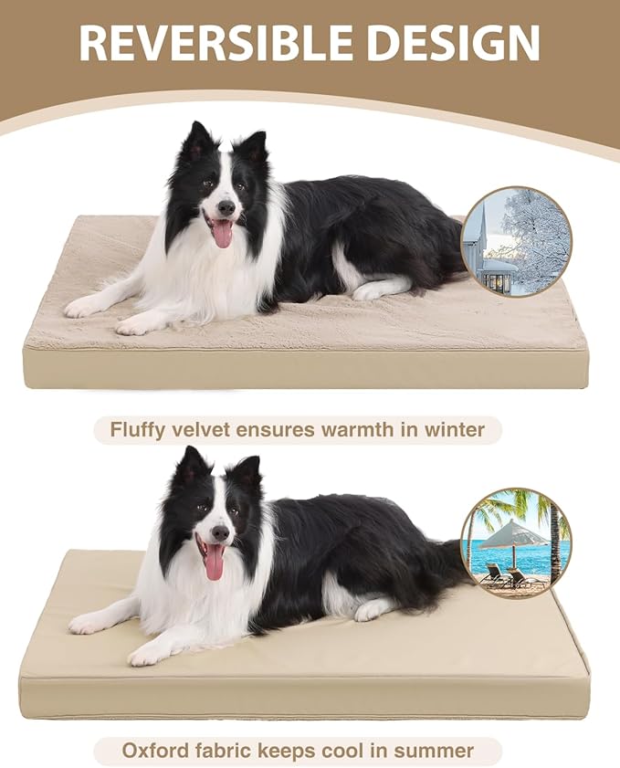 KSIIA Orthopedic Dog Bed Crate Waterproof Pet Mats for Large Dogs Deluxe Plush Washable Pet Bed with Egg Crate Foam & Removable Cover, 35 x 22 Inch, Khaki