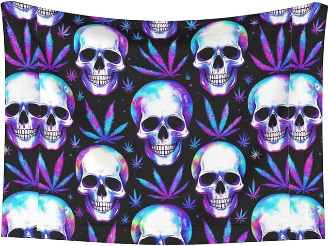 Two Sided Plush Pet Blanket for Warmth Comfort, Blue Weedleaf Trippy Skull Crossbones Black, Reversible Throw with Cozy Nubby Side for Chilly Nights Napping Spots Around House