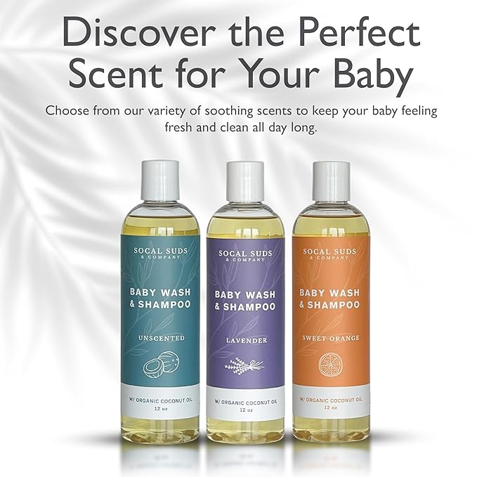 SoCal Suds & Company Baby Shampoo & Body Wash, 2-in-1 Organic Gel-Gentle Castile Soap with Vitamin-Infused Oils & Botanicals - Natural Care for Sensitive Skin Hypoallergenic - 12oz Sweet Orange 2-Pack