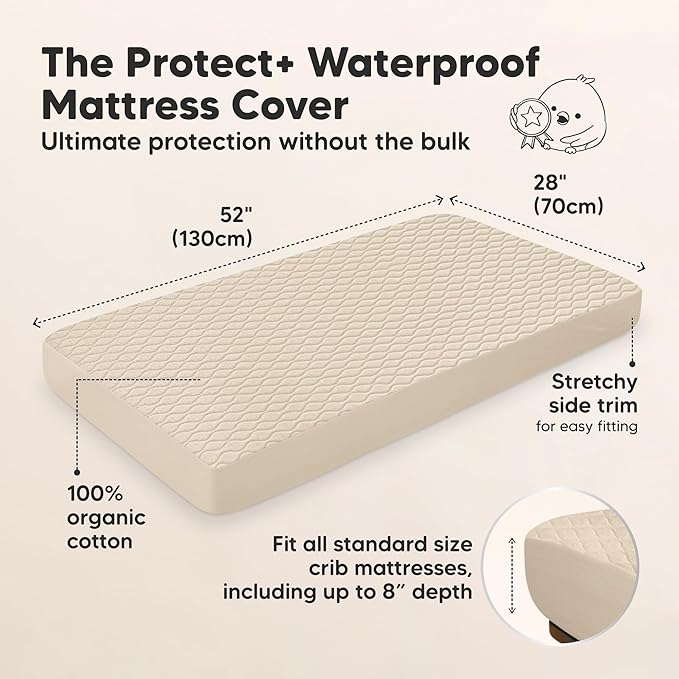 Waterproof Crib Mattress Protector Cover Fitted - 2-Pack Quiet Baby Crib Mattress Pad Sheets, 52" x 28" Soft Quilted Cotton Baby Sheet, Machine Washable, Easy Fit, Durable (Oat/Mavy)