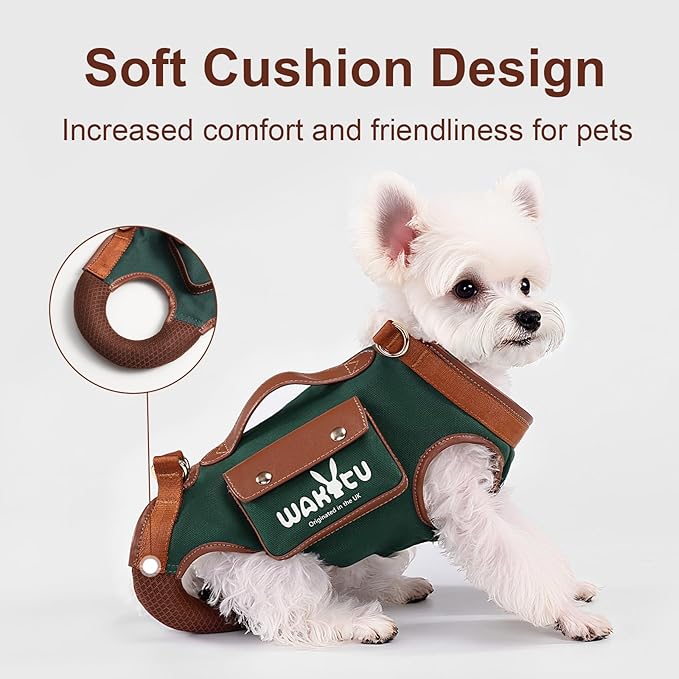 Dog Lift Harness Dog Carrier Dog VES Harness Adjustable Dog Leash with Small Puppy Treat Bag（Green,M）
