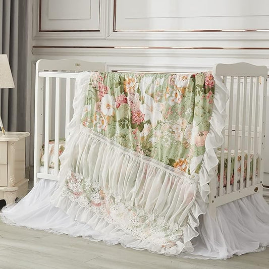 Brandream Crib Bedding Sets for Girls Garden Floral Nursery Set 3-Piece | Ruffled Baby Comforter, Crib Sheet and Tulle Lace Crib Bed Skirt, Green White