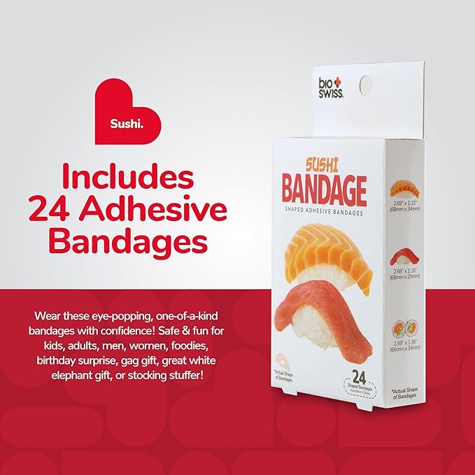 BioSwiss Bandages, Sushi Shaped Self Adhesive Bandage, Latex Free Sterile Wound Care, Fun First Aid Kit Supplies for Kids and Adults, 24 Count