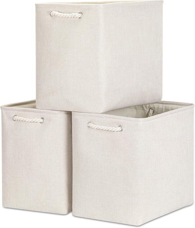 Bidtakay Extra Large Storage Baskets for Organizing Clothes Storage Bins 3 Pack Fabric Storage Bins for Shelves Linen Collapsible Organizer for Closet-Light Biege