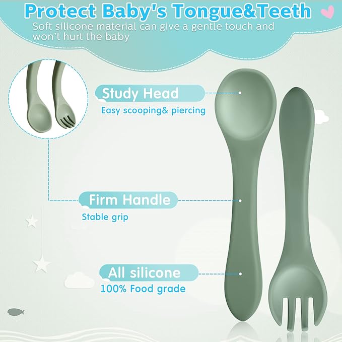 10 Pieces Baby Led Weaning Spoons and Forks Set Infant Silicone Spoon First Self Feed Baby training Utensils for Toddler First Stage Feeding Supplies for Kids Over 6 Months, 5 Pairs (Classic Colors)
