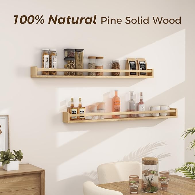Fun Memories Nursery Book Shelves - Rustic Natural Solid Wood Floating Bookshelf for Kids - Wall Book Shelves for Kids Room (Natural, 48inch - 2P)