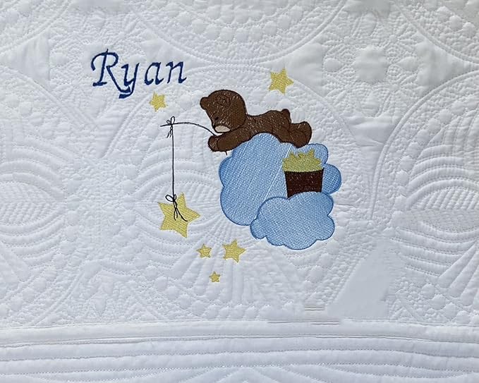 Personalized Baby Blanket Baby Quilt Monogrammed Blankets for Boys and Girls Embroidered Baby Gifts (Teddy Bear Stars)