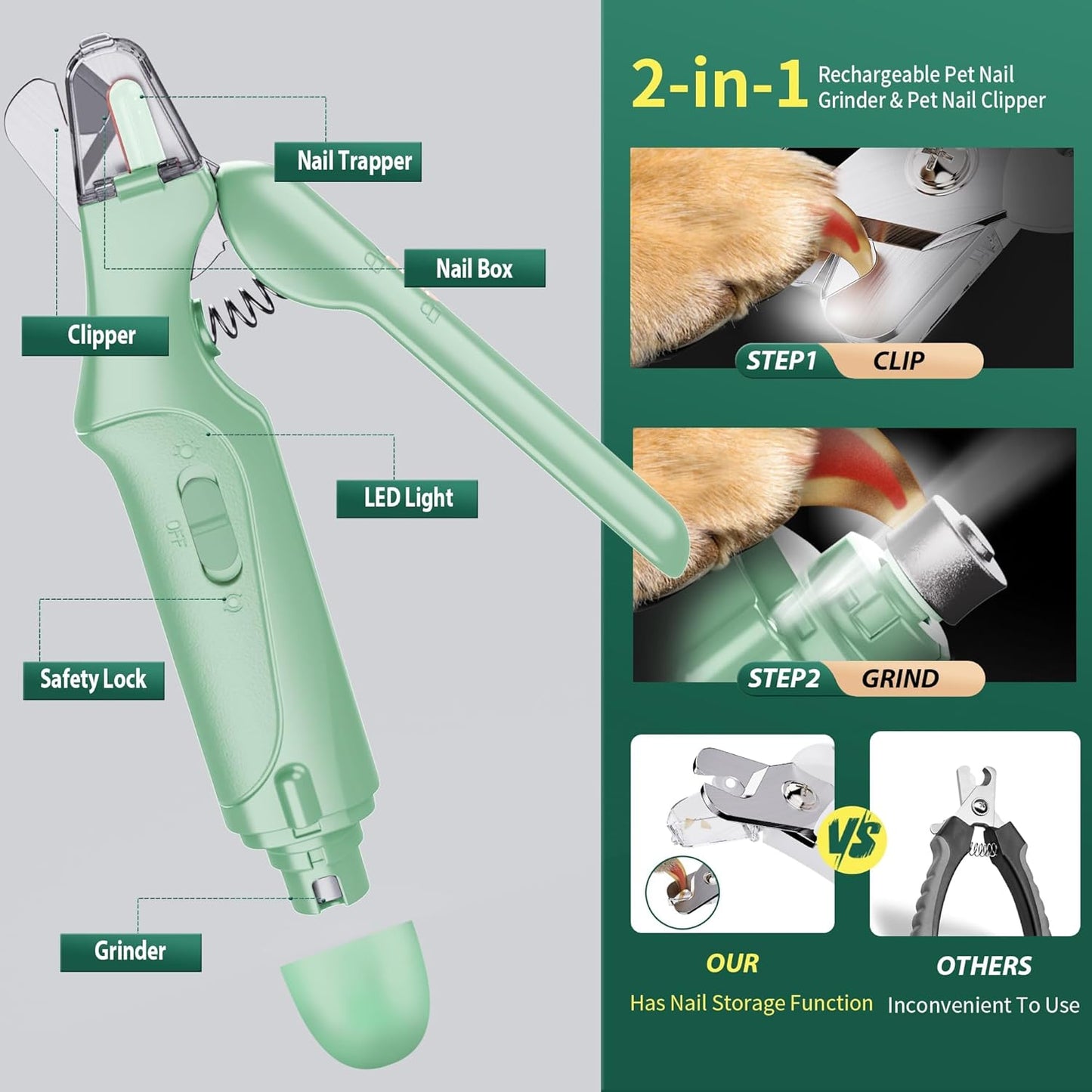 Dog Nail Clippers & Cat Nail Clipper with Catcher, 2 in 1 Dog Nail Trimmers & Grinder with Light for Large Small Dogs Cats,Silent Groom Pro Claw Trimmer, Rechargeable Dogs Nails Grinder Quiet