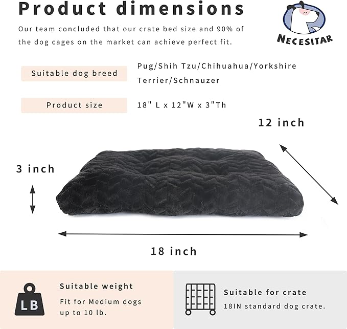 Dog Crate Mat for Dog Cages Black Dog Bed for Small Dogs 18 Inch Dog Crate Bed Washable Dog Mats for Sleeping,Up to 10 lbs Soft and Fluffy Small Dog Bed for Crate Tire Printing Black