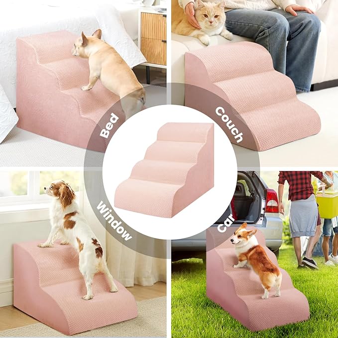 Dog Stairs for Small Dogs, High Density Foam Dog Steps, Extra Wide Non-Slip Pet Ramp for High Beds Or Couch, Soft Doggie Ladder for Dogs Injured, Older Pets, Small Cats, 4 Steps, Pink