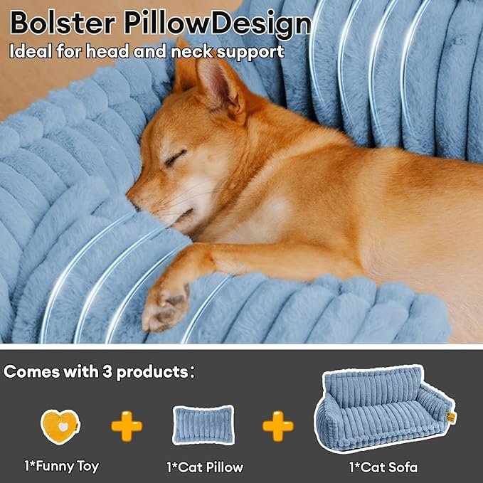 FUNNY FUZZY Dog Bed Orthopedic & Fluffy Dog Couch Bed, Corduroy Fleece Pet Beds Washable, Supportive Foam Pet Sofa Bed with Removable Zipper Cover - Snoozy Dream, Blue, XXL