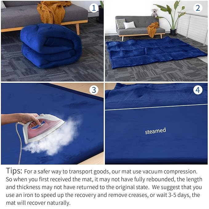 Baby Play Mat for Floor,1.3" Thick Elasti-Foam 74×50 Playpen Mat for Toddlers Infant kids,Water-Repellent Soft Coral Velvet for Tummy Time, Non-Slip Backing for Crawling,Tatami Style(Dark Blue)