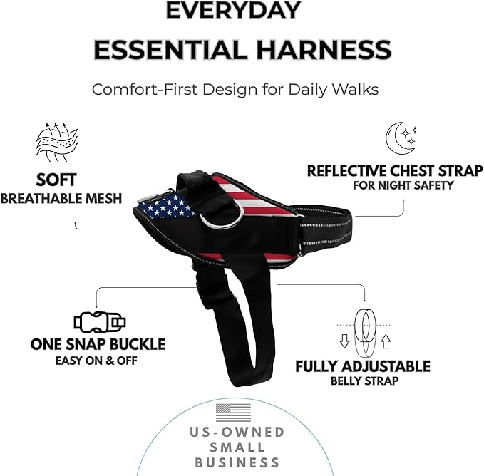 ShawnCo Essential Dog Harness, No-Pull Pet Vest with 3 Leash Clips, No Choke, Reflective, Adjustable and Padded, for Easy Walking and Training for Small, Medium and Large Dogs (Stars and Stripes, S)