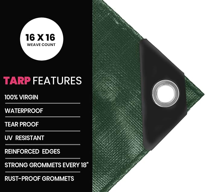 PROTARP Extreme Heavy Duty 22 Mil Tarp Cover, Waterproof, UV Resistant, Rip and Tear Proof, Poly Tarpaulin with Reinforced Edges for Roof, Camping, Patio, Pool, Boat. (Green/Black 10′ X 20′)