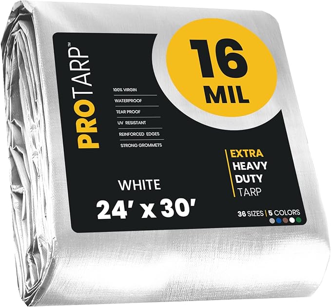 PROTARP Extra Heavy Duty 16 Mil Tarp Cover, Waterproof, UV Resistant, Rip and Tear Proof, Poly Tarpaulin with Reinforced Edges for Roof, Camping, Patio, Pool, Boat. (White 24′ X 30′)