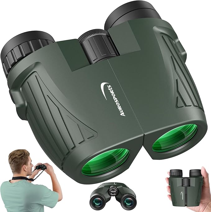Aurosports 15x25 Compact Binoculars for Adult Kids - High Power Binoculars for Bird Watching - Easy Focus Small Binocular with Low Light Vision for Travel, Camping, Concert, Hiking -Green