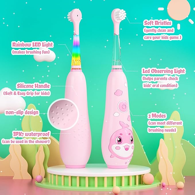 SEAGO Kids Electric Toothbrushes Rechargeable, Toddler Electric Toothbrush with Magnetic Charging, LED Observing Light, 8 Toothbrush Heads for Ages 2-4-6 Boys Girls (Pink)